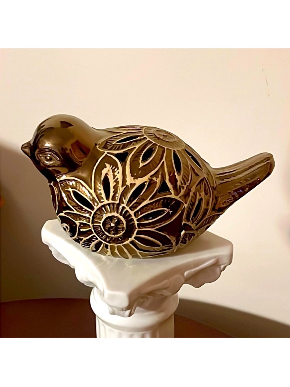 Vintage Ceramic Charming Bronze and White Bird Figurine Sachel, Reticulated Art